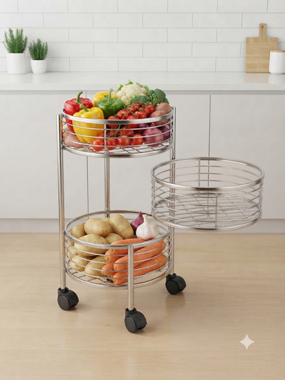 3 Tier Stainless Steel Round Kitchen Trolley with Rotating Baskets & Wheels | Multipurpose Fruit & Vegetable Storage Rack