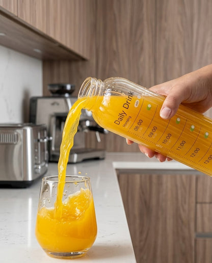 Premium Ribbed Glass Water Bottle with Hourly Time Markers | Clear Motivational Daily Drink Tracker