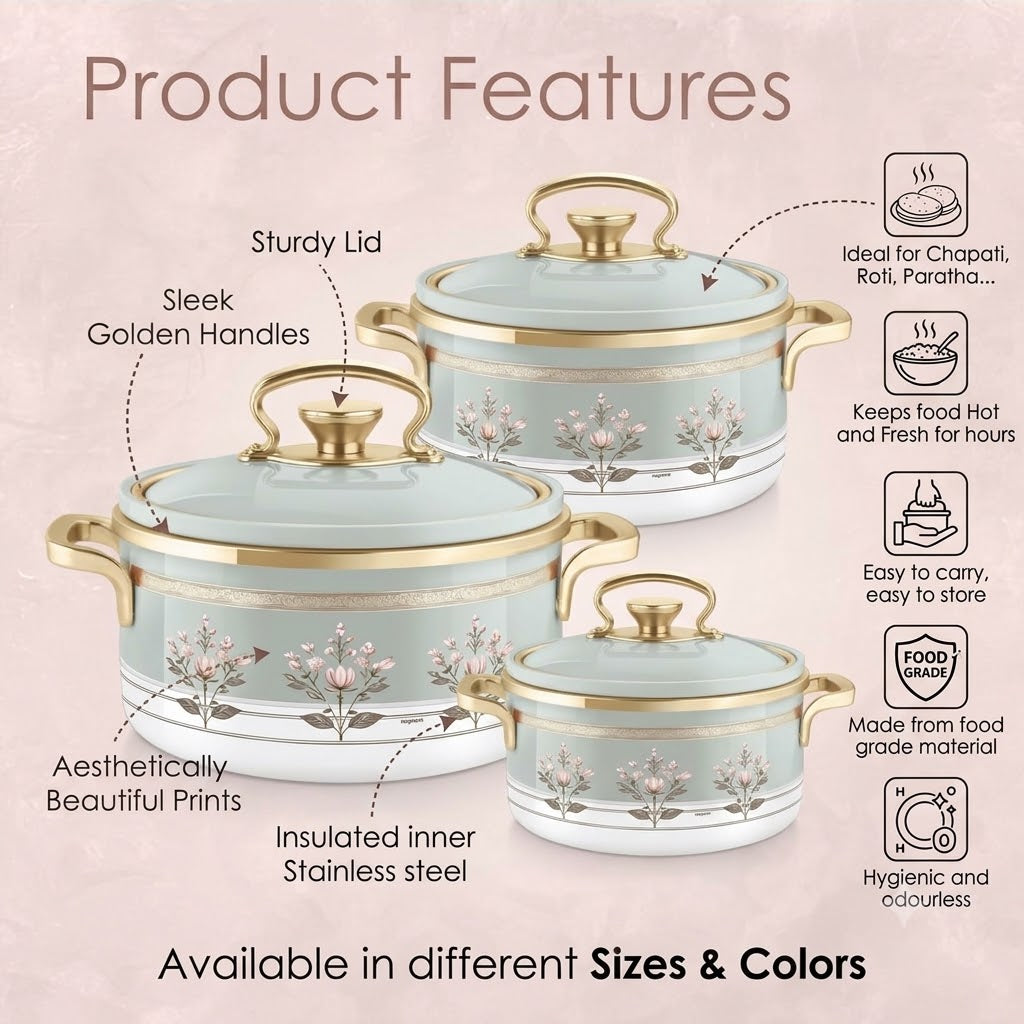 Rachel Premium 3-Piece Insulated Casserole Set (1000ml, 1500ml, 2000ml) – Double Walled Stainless Steel Hot Pot for Roti & Curries