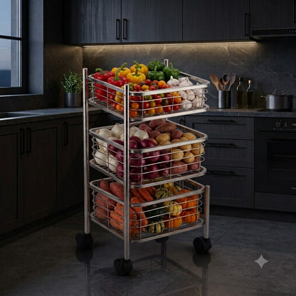3 Tier Stainless Steel Square Trolley with Sliding Baskets & Wheels | Multipurpose Kitchen Vegetable Storage Rack | Space-Saving Utility Organizer