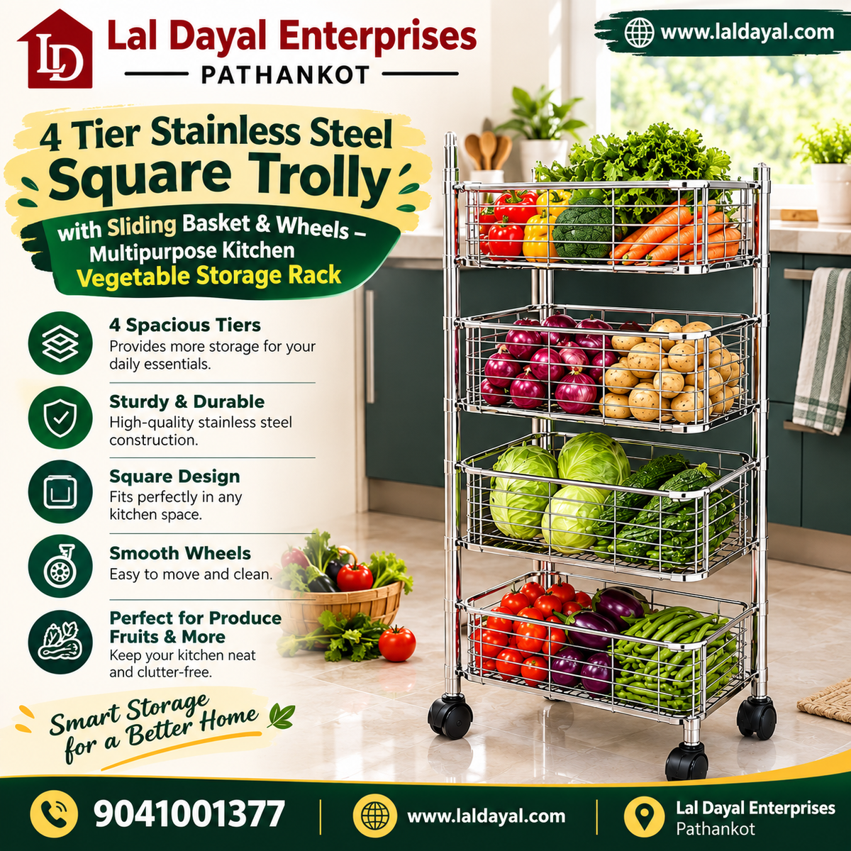 4 Tier Stainless Steel Kitchen Trolley with Sliding Baskets & Wheels | Multipurpose Vegetable & Storage Rack