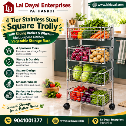 4 Tier Stainless Steel Kitchen Trolley with Sliding Baskets & Wheels | Multipurpose Vegetable & Storage Rack