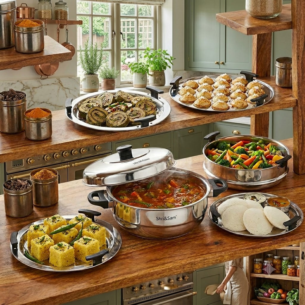 Shri & Sam Premium Stainless Steel Tri-Ply Multikadhai | 7-in-1 Multi-Purpose Cooker & Steamer Set with 5 Plates (Idli, Dhokla, Momo, Appam & Patra) | Gas & Induction Friendly (26 cm)