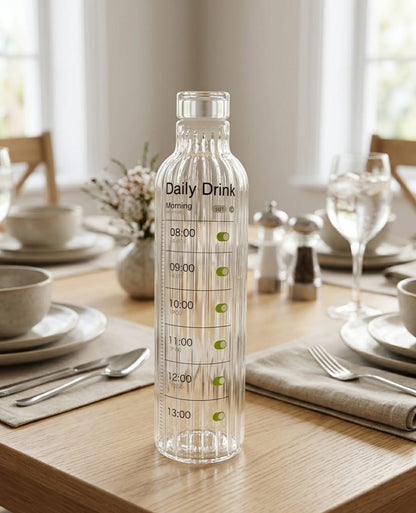 Premium Ribbed Glass Water Bottle with Hourly Time Markers | Clear Motivational Daily Drink Tracker