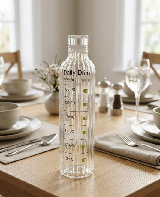 Premium Ribbed Glass Water Bottle with Hourly Time Markers | Clear Motivational Daily Drink Tracker