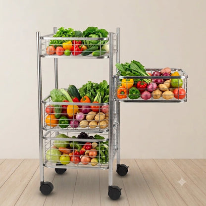 4 Tier Stainless Steel Kitchen Trolley with Sliding Baskets & Wheels | Multipurpose Vegetable & Storage Rack