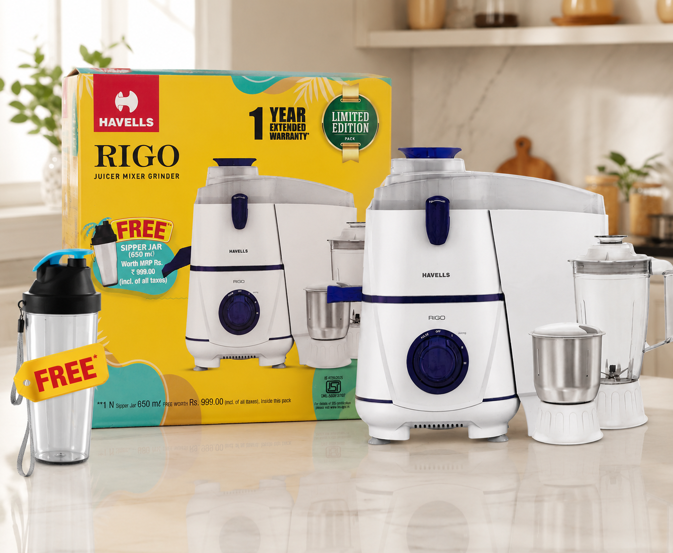 Havells Rigo Juicer Mixer Grinder (Limited Edition Pack) – Includes FREE 650ml Sipper Jar