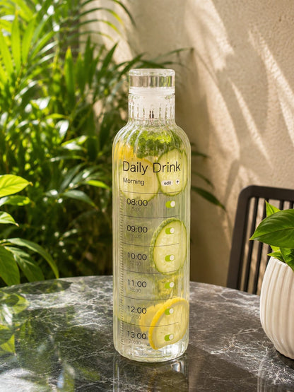 Premium Ribbed Glass Water Bottle with Hourly Time Markers | Clear Motivational Daily Drink Tracker