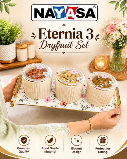 Nayasa Eternia 3 Dry Fruit Container Set with Floral Lids & Serving Tray, Set of 3