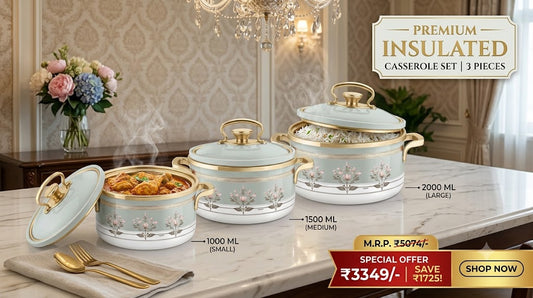 Rachel Premium 3-Piece Insulated Casserole Set (1000ml, 1500ml, 2000ml) – Double Walled Stainless Steel Hot Pot for Roti & Curries