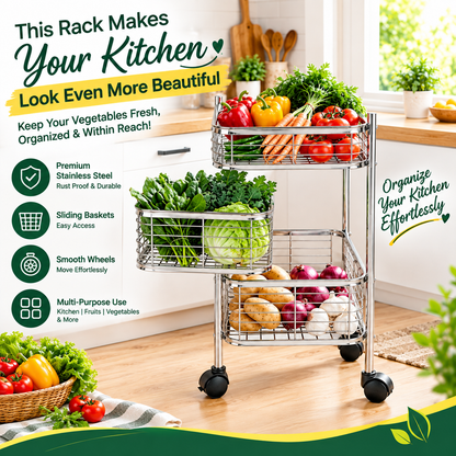 3 Tier Stainless Steel Square Trolley with Sliding Baskets & Wheels | Multipurpose Kitchen Vegetable Storage Rack | Space-Saving Utility Organizer