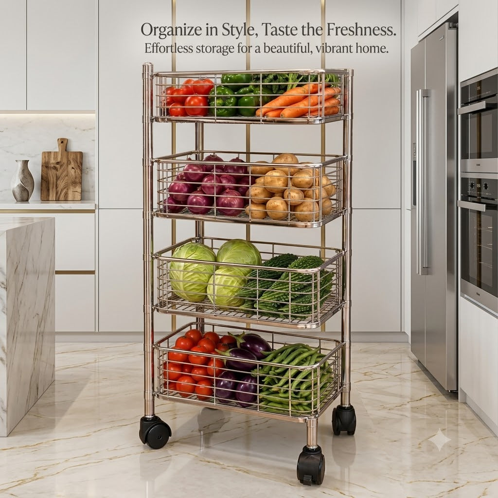 4 Tier Stainless Steel Kitchen Trolley with Sliding Baskets & Wheels | Multipurpose Vegetable & Storage Rack