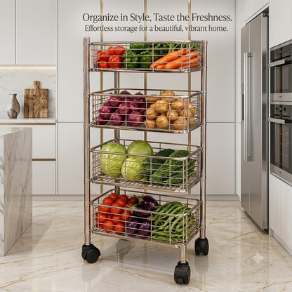 4 Tier Stainless Steel Kitchen Trolley with Sliding Baskets & Wheels | Multipurpose Vegetable & Storage Rack