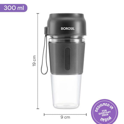 Borosil NutriGrip Blue Portable Blender | 40W Low-Noise DC Motor | 300ml Unbreakable PC Jar | USB Rechargeable | Turbo 6 Blade Action | Smoothies, Shakes, Soft Fruit, Protein Mix | 1 Year Warranty