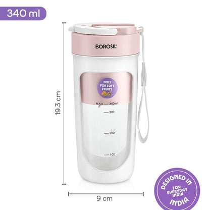 Borosil NutriSip Blue Portable Blender | 40W Low-Noise DC Motor | 340ml Unbreakable PC Jar | USB Rechargeable | Turbo 6 Blade Action | Smoothies, Shakes, Soft Fruit, Protein Mix | 1 Year Warranty