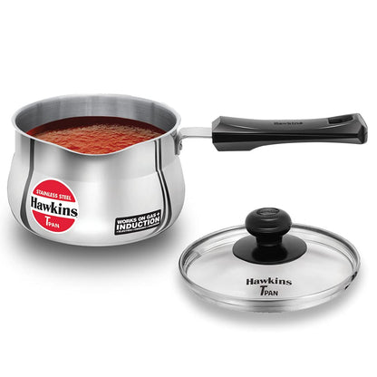 Hawkins Stainless Steel Tea Pan with Glass Lid, 1.5 Litre (SST15G) | Induction Compatible Saucepan / Chai Pan