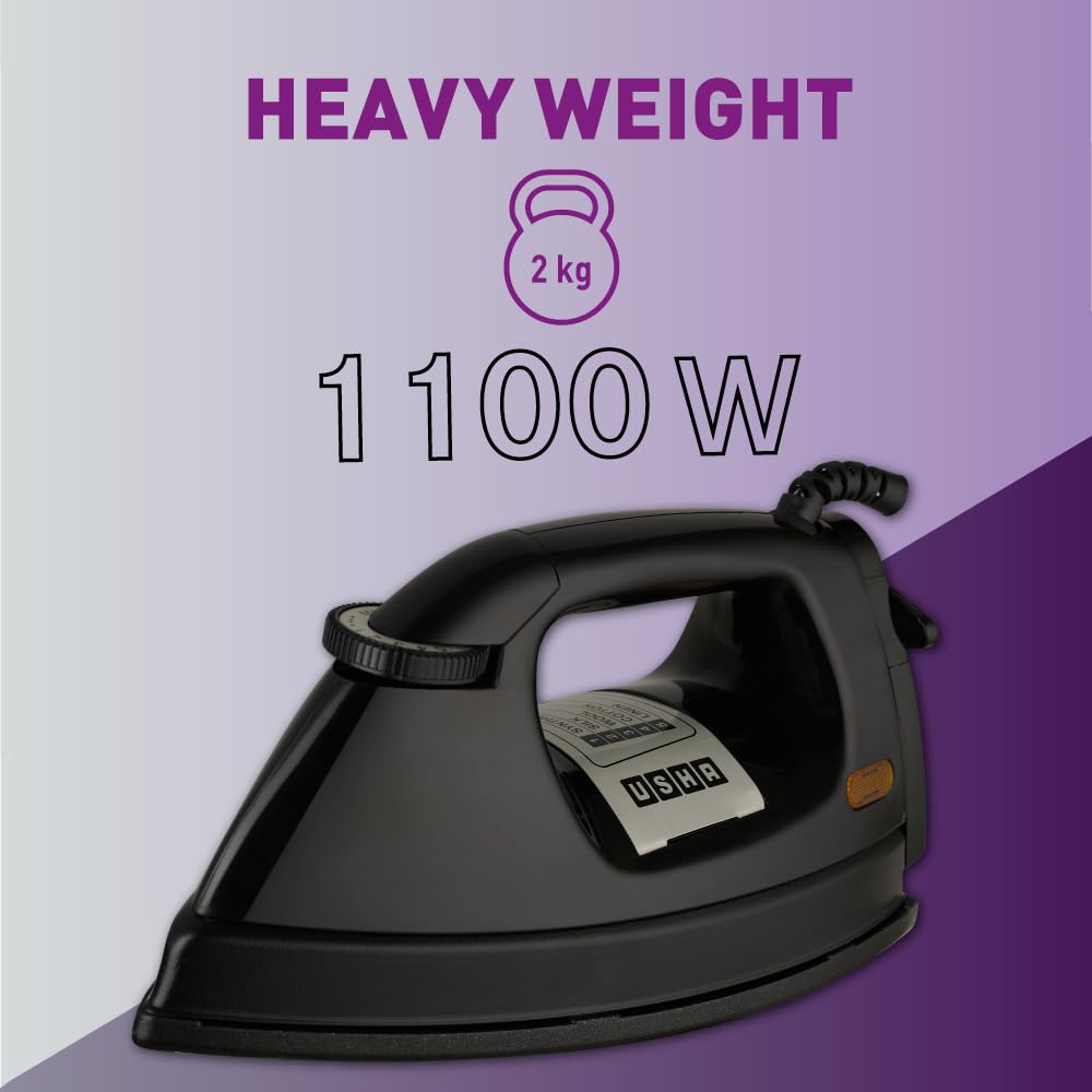 Usha EI 3710 Primora Heavy Weight Dry Iron (1100 Watt / 2.0 kg) with Non-Stick Soleplate