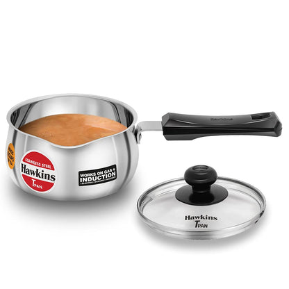 Hawkins Stainless Steel Tea Pan with Glass Lid, 1 Litre (SST10G) | Induction Compatible Saucepan / Chai Pan
