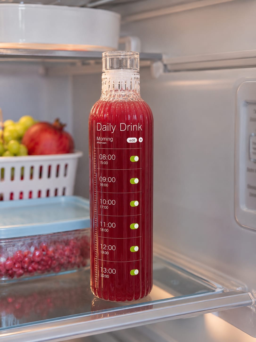 Premium Ribbed Glass Water Bottle with Hourly Time Markers | Clear Motivational Daily Drink Tracker