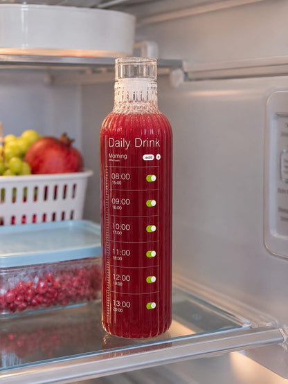 Premium Ribbed Glass Water Bottle with Hourly Time Markers | Clear Motivational Daily Drink Tracker