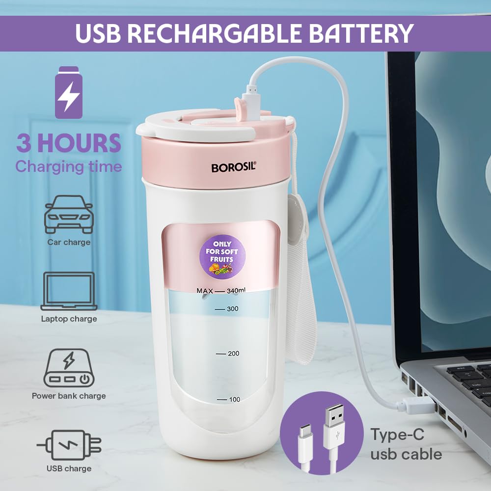 Borosil NutriSip Blue Portable Blender | 40W Low-Noise DC Motor | 340ml Unbreakable PC Jar | USB Rechargeable | Turbo 6 Blade Action | Smoothies, Shakes, Soft Fruit, Protein Mix | 1 Year Warranty