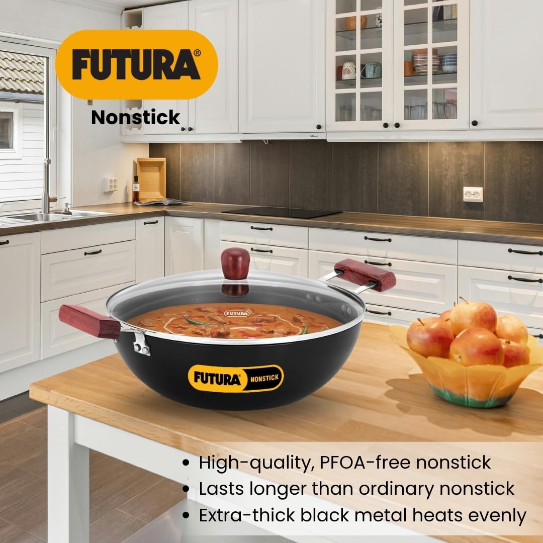 Hawkins Futura 5 Litre Nonstick Deep Kadhai with Glass Lid (INK50G) | Induction Compatible Flat Bottom Kadai