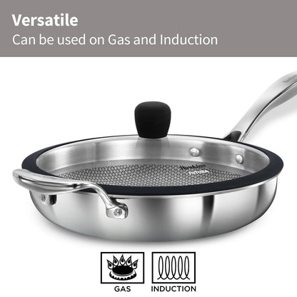 Hawkins Pro 26 cm Tri-Ply Stainless Steel Frying Pan with Glass Lid | Shielded Nonstick (PSNF26G)