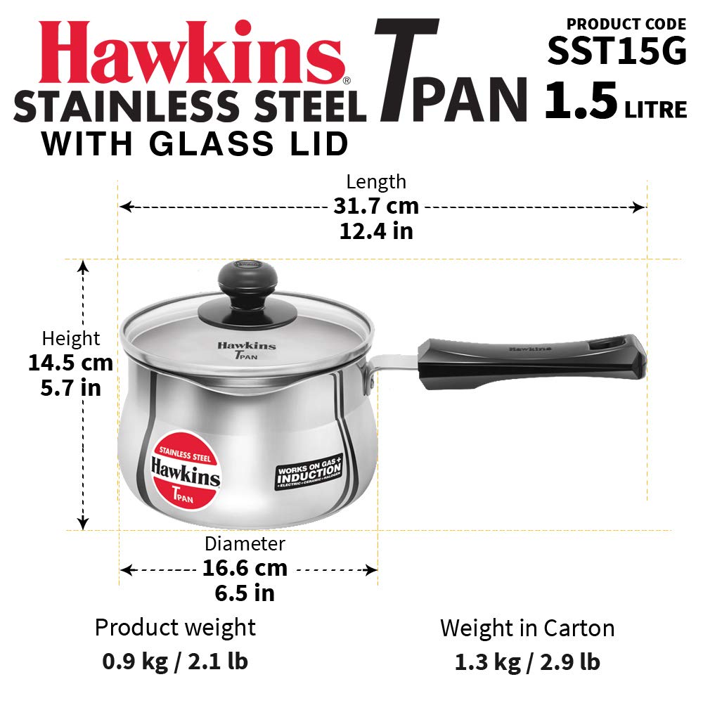 Hawkins Stainless Steel Tea Pan with Glass Lid, 1.5 Litre (SST15G) | Induction Compatible Saucepan / Chai Pan