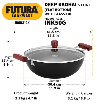 Hawkins Futura 5 Litre Nonstick Deep Kadhai with Glass Lid (INK50G) | Induction Compatible Flat Bottom Kadai