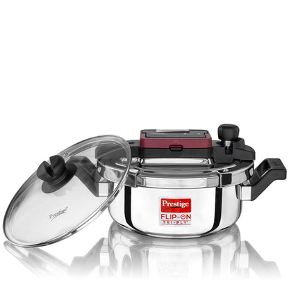Prestige Flip-On Tri-Ply Stainless Steel Pressure Cooker, 3 Litre | India's First Spillage Control Cooker with Glass Lid