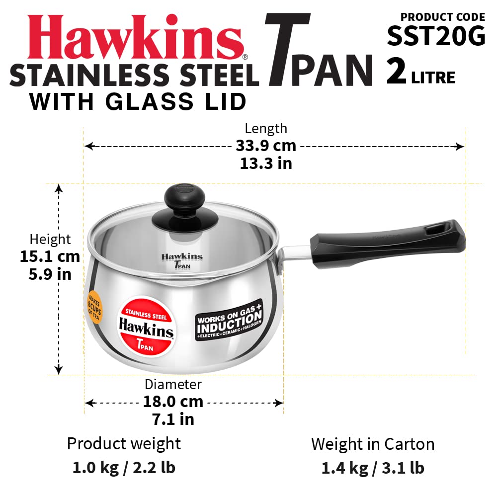 Hawkins Stainless Steel Tea Pan with Glass Lid, 2 Litre (SST20G) | Induction Compatible Saucepan / Chai Pan