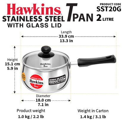 Hawkins Stainless Steel Tea Pan with Glass Lid, 2 Litre (SST20G) | Induction Compatible Saucepan / Chai Pan
