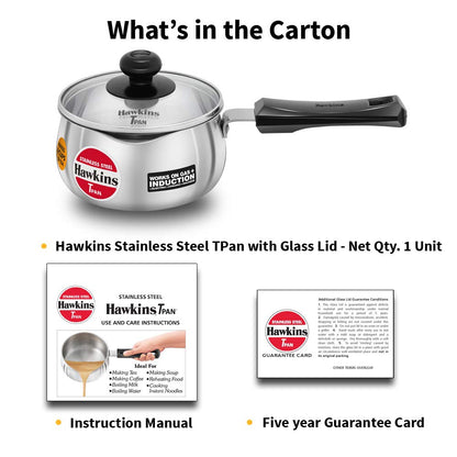 Hawkins Stainless Steel Tea Pan with Glass Lid, 1 Litre (SST10G) | Induction Compatible Saucepan / Chai Pan