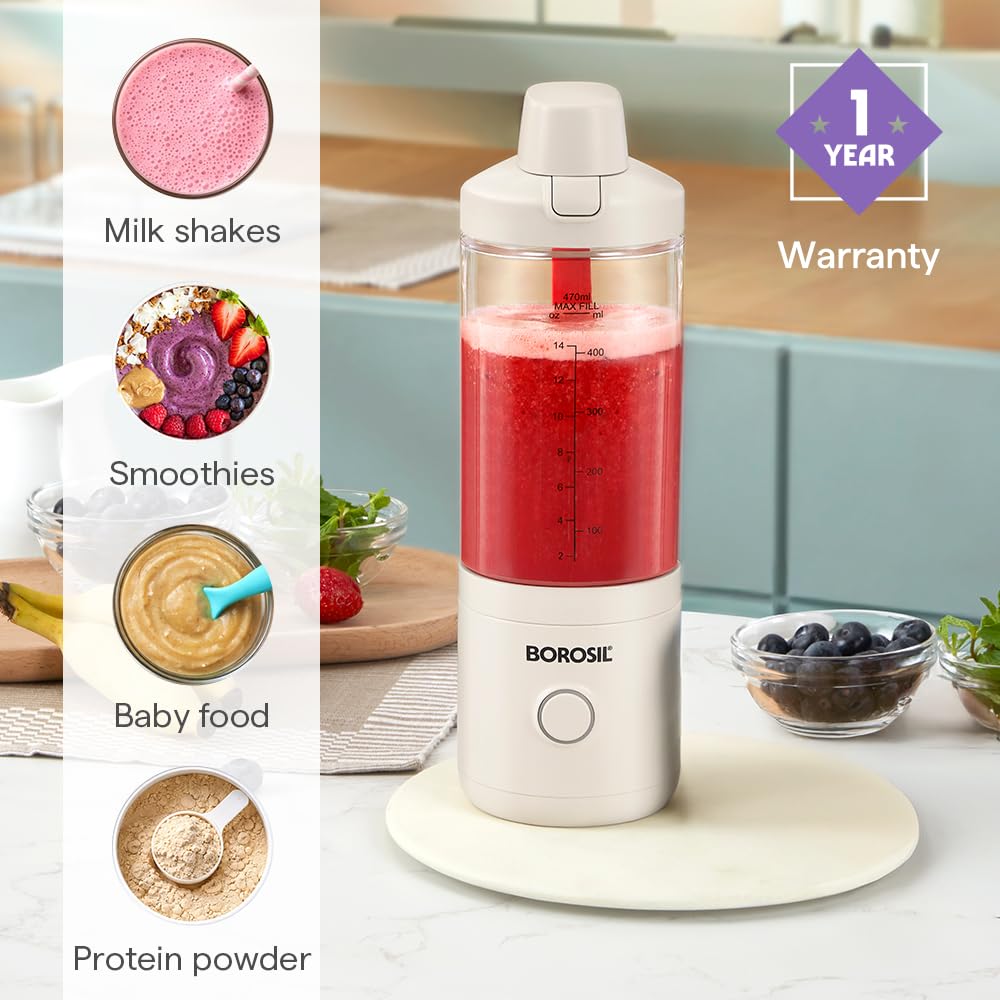 Borosil 75W NutriMate Portable Blender | 550ml | DC Motor | Smoothie Maker, Protein Shakes, Juices | Compact & Travel Friendly | 1 Year Warranty