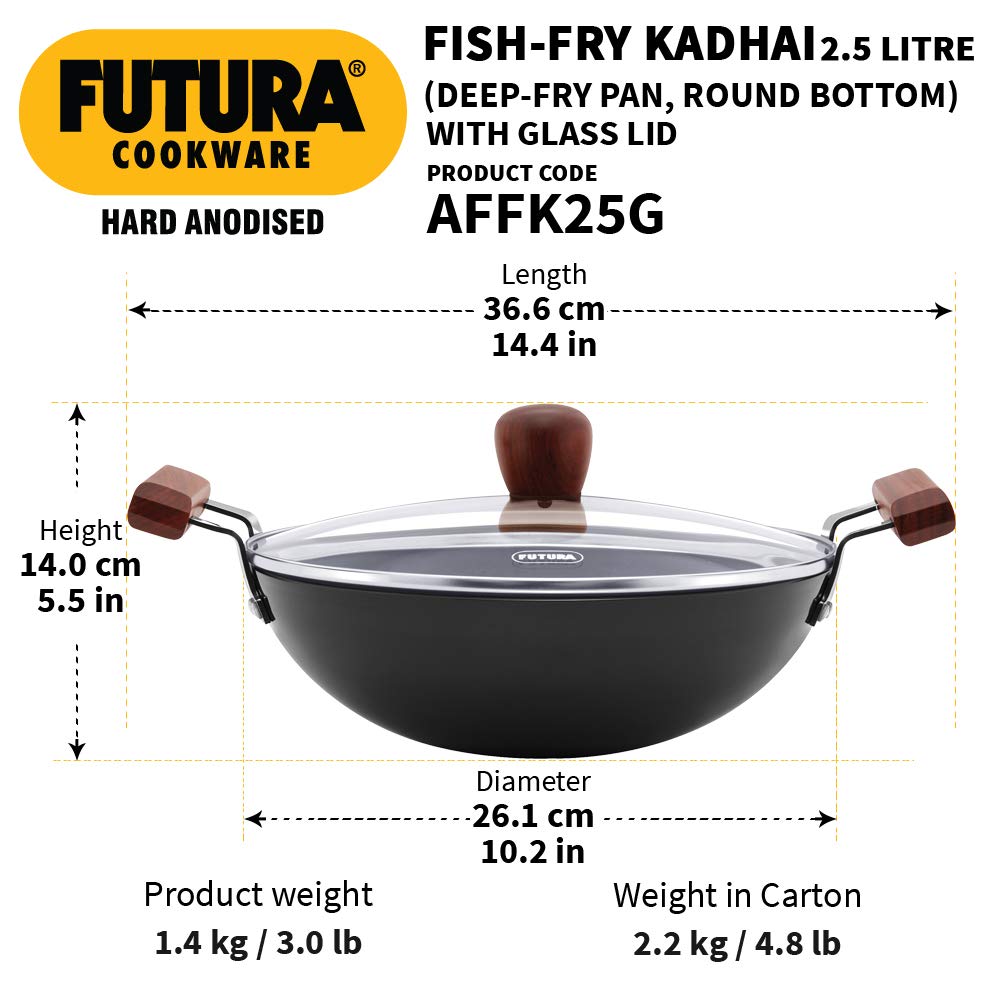 Hawkins Futura 2.5 Litre Hard Anodised Deep Fry Pan Kadhai | APFK25G All-Purpose Kadai