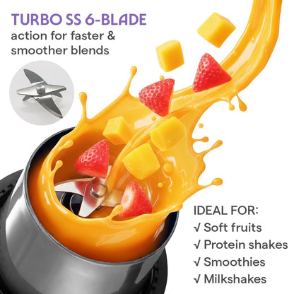 Borosil NutriGrip Blue Portable Blender | 40W Low-Noise DC Motor | 300ml Unbreakable PC Jar | USB Rechargeable | Turbo 6 Blade Action | Smoothies, Shakes, Soft Fruit, Protein Mix | 1 Year Warranty
