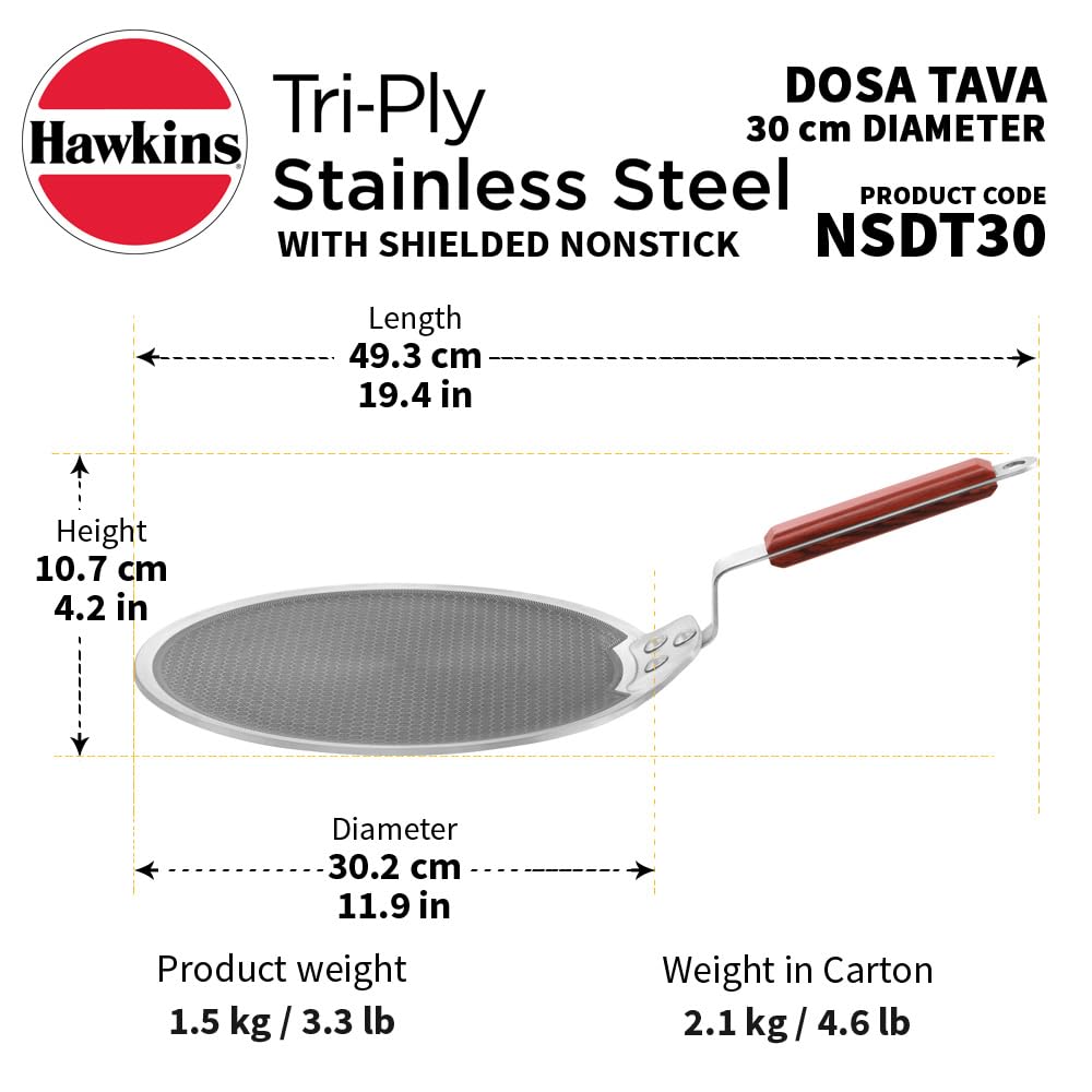 Hawkins Tri-Ply Stainless Steel Dosa Tava, 30 cm (NSDT30) | Shielded Nonstick & Induction Base