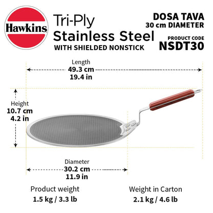 Hawkins Tri-Ply Stainless Steel Dosa Tava, 30 cm (NSDT30) | Shielded Nonstick & Induction Base