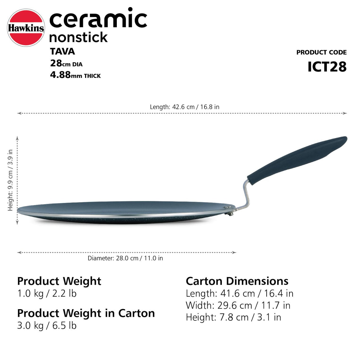 Hawkins Ceramic Nonstick Tava, 28 cm Diameter, 4.88 mm Extra Thick (ICT28)