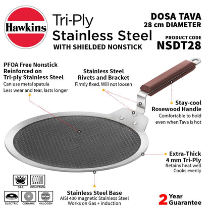 Hawkins Tri-Ply Stainless Steel Dosa Tava, 28 cm (NSDT28) | Shielded Nonstick & Induction Base