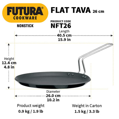 Hawkins Futura Nonstick Flat Tava 26 cm (4.88 mm Thick) – Stay-Cool Stainless Steel Handle (NFT26)