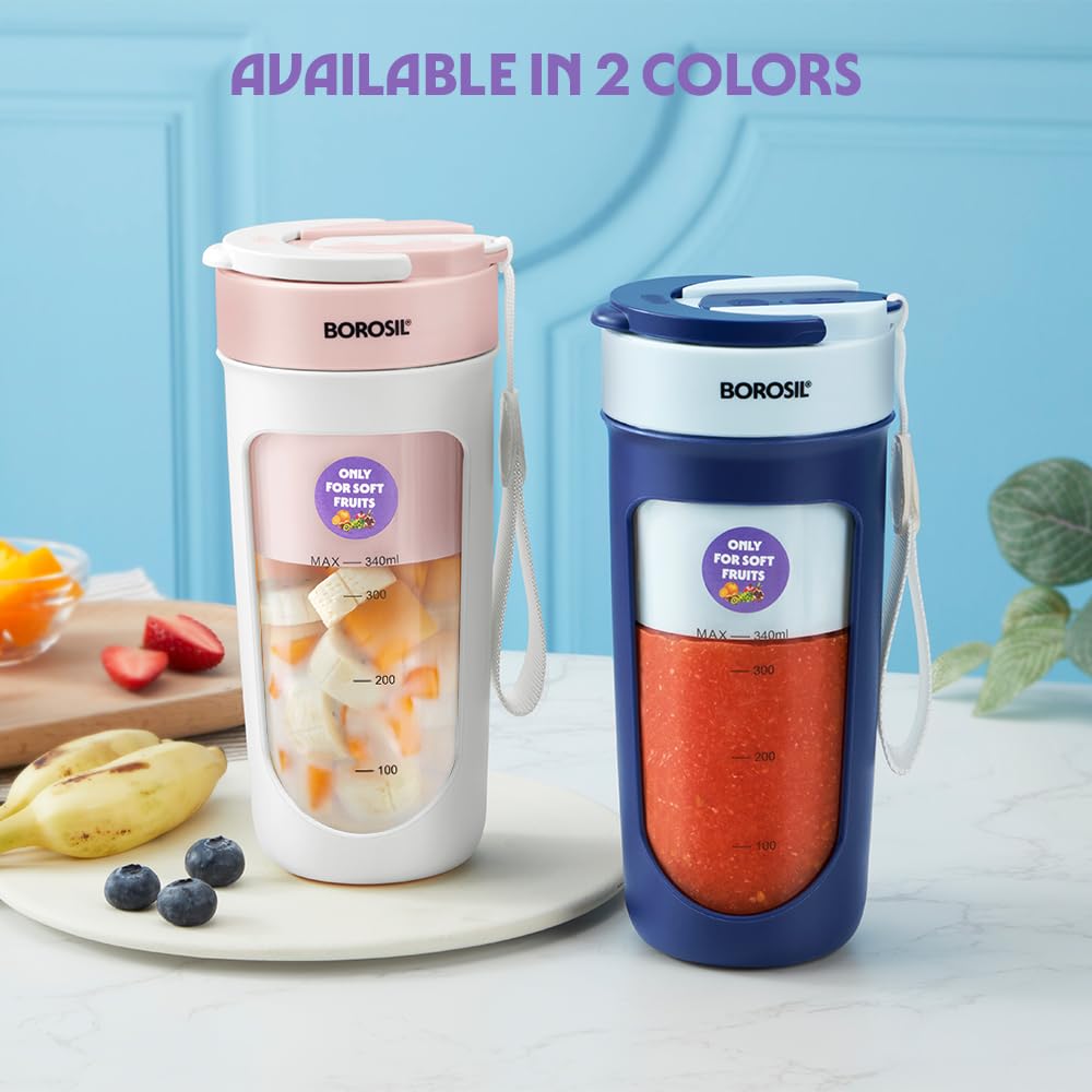 Borosil NutriSip Blue Portable Blender | 40W Low-Noise DC Motor | 340ml Unbreakable PC Jar | USB Rechargeable | Turbo 6 Blade Action | Smoothies, Shakes, Soft Fruit, Protein Mix | 1 Year Warranty