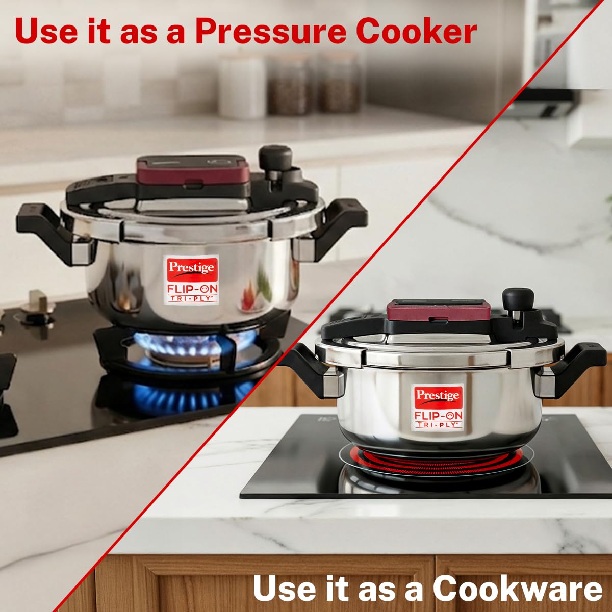 Prestige Flip-On Tri-Ply Stainless Steel Pressure Cooker, 3 Litre | India's First Spillage Control Cooker with Glass Lid