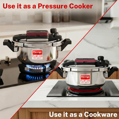 Prestige Flip-On Tri-Ply Stainless Steel Pressure Cooker, 3 Litre | India's First Spillage Control Cooker with Glass Lid