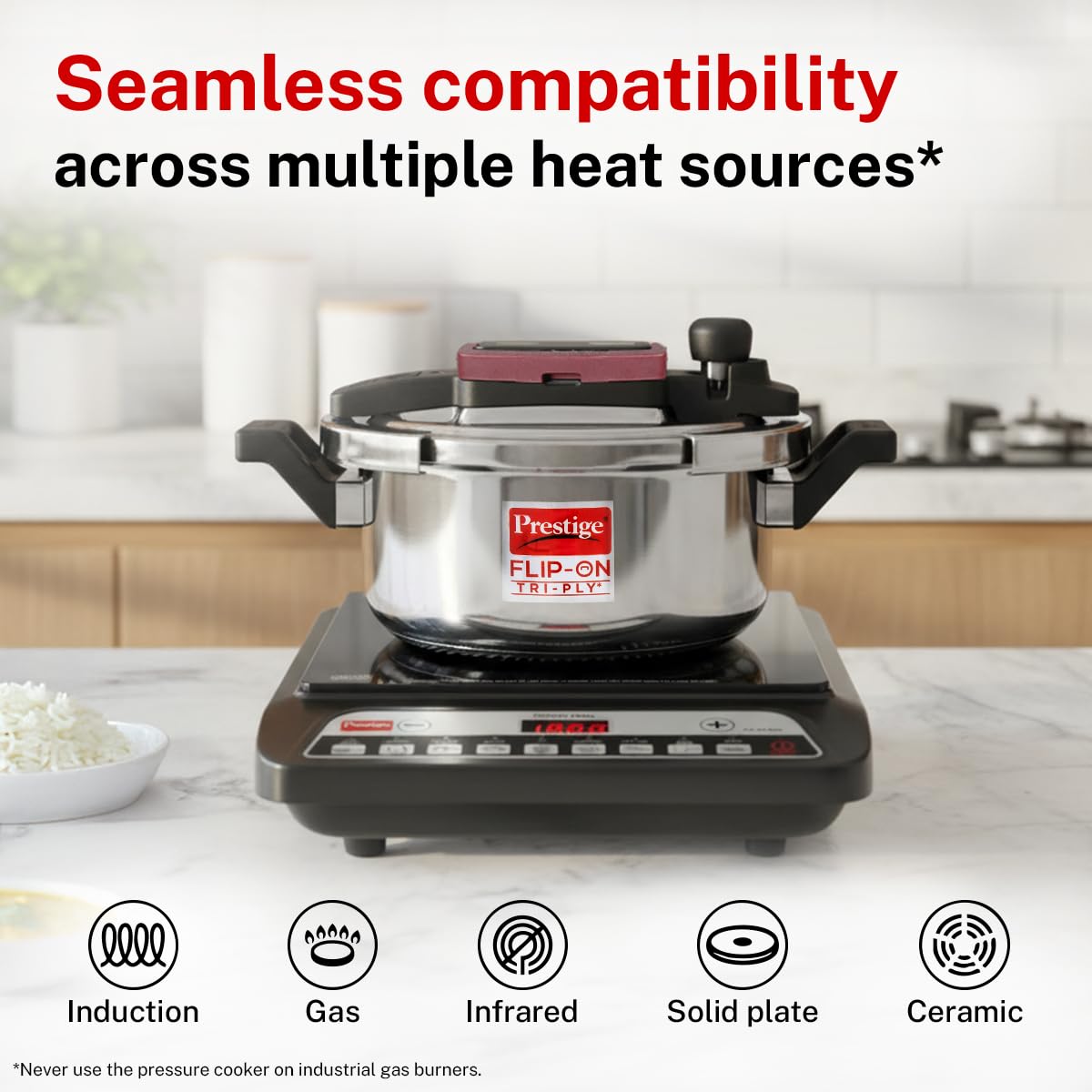Prestige Flip-On Tri-Ply Stainless Steel Pressure Cooker, 3 Litre | India's First Spillage Control Cooker with Glass Lid