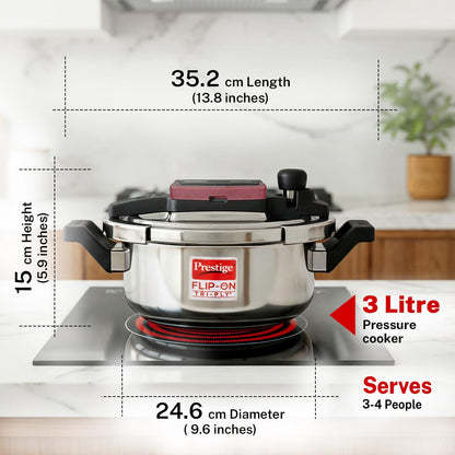 Prestige Flip-On Tri-Ply Stainless Steel Pressure Cooker, 3 Litre | India's First Spillage Control Cooker with Glass Lid