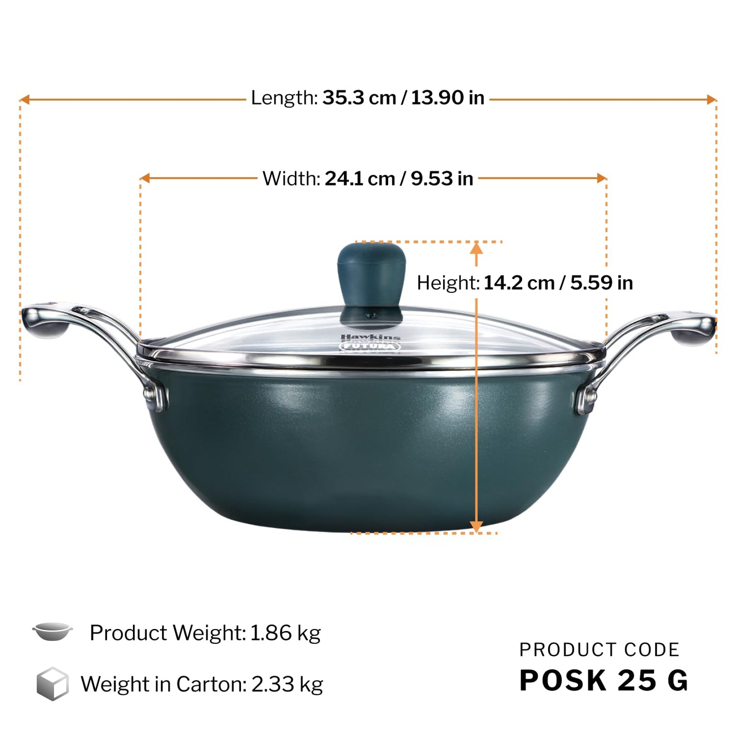 Hawkins Olive Pro Triply Stainless Steel Kadhai with Glass Lid, 2.5 Litre (POSK25G) | Induction Compatible Deep Fry Pan