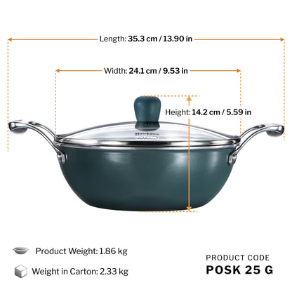 Hawkins Olive Pro Triply Stainless Steel Kadhai with Glass Lid, 2.5 Litre (POSK25G) | Induction Compatible Deep Fry Pan