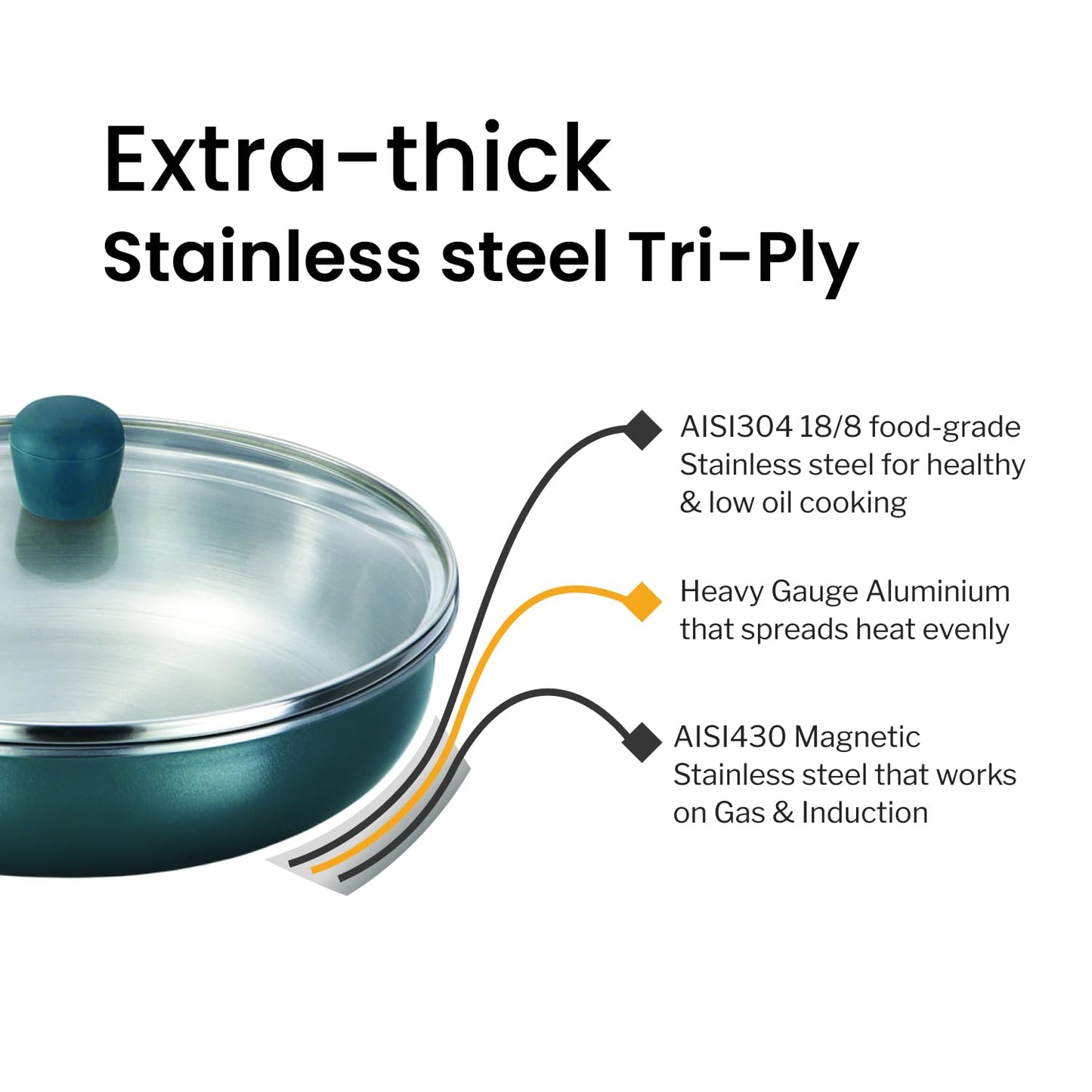 Hawkins Olive Pro Triply Stainless Steel Deep Fry Pan with Glass Lid, 2 Litre (POSF22G) | Induction Compatible Frying Pan