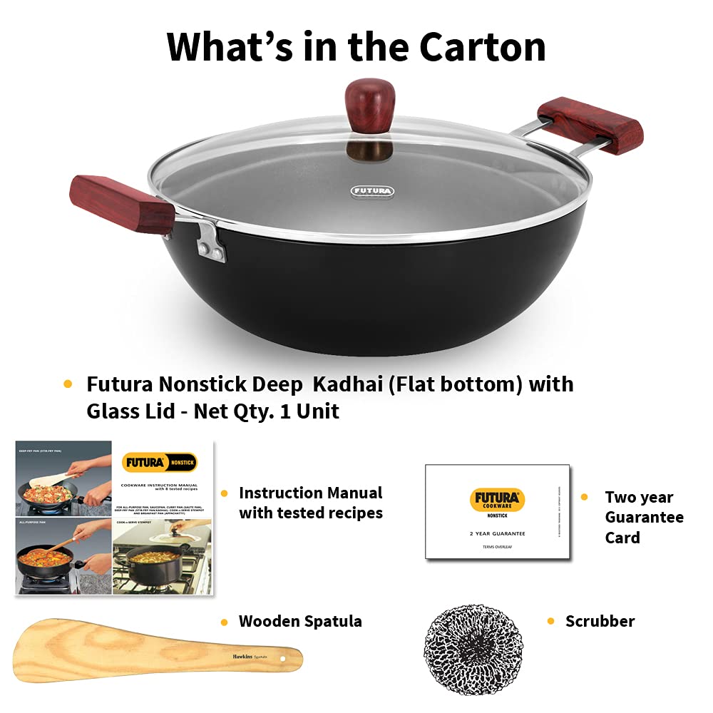 Hawkins Futura 5 Litre Nonstick Deep Kadhai with Glass Lid (INK50G) | Induction Compatible Flat Bottom Kadai